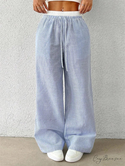 Chic Striped Side-Slit Tie-Up Spacious Sweatpant pant-250223