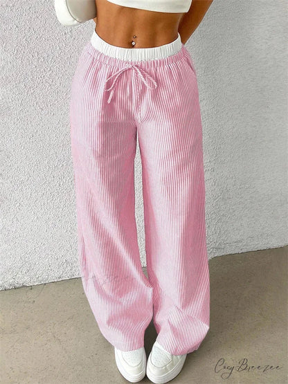 Chic Striped Side-Slit Tie-Up Spacious Sweatpant Pink / S pant-250223