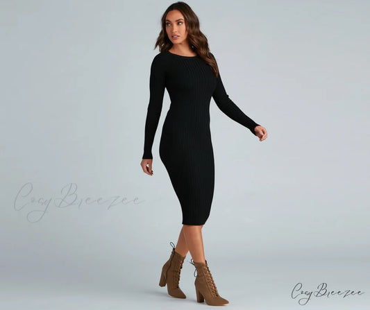 Chic Twist Long Charming Sleeve Midi Dress BLACK / XS