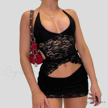 Chic V Neck Halter Tie-Up Bandage Crop Top Mini Pencil Skirt Two Pieces Set Black / S twopiecesset-250126