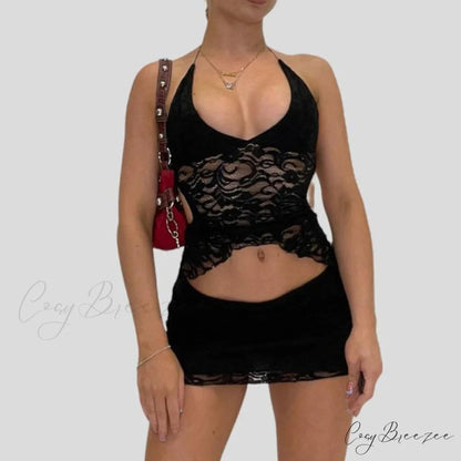 Chic V Neck Halter Tie-Up Bandage Crop Top Mini Pencil Skirt Two Pieces Set twopiecesset-250126