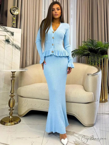 Chic Woven Matching Long Work Set Blue Dress / S officetwopieceset-250223