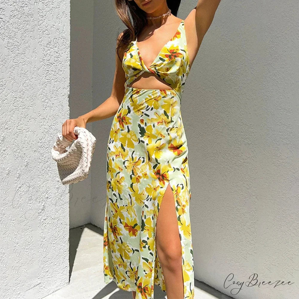 Chic Yellow Flowers Print Twist Knot Cutout Midi Dress floraldress-250126