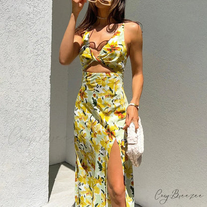 Chic Yellow Flowers Print Twist Knot Cutout Midi Dress floraldress-250126