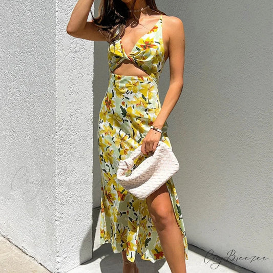 Chic Yellow Flowers Print Twist Knot Cutout Midi Dress Yellow / S floraldress-250126