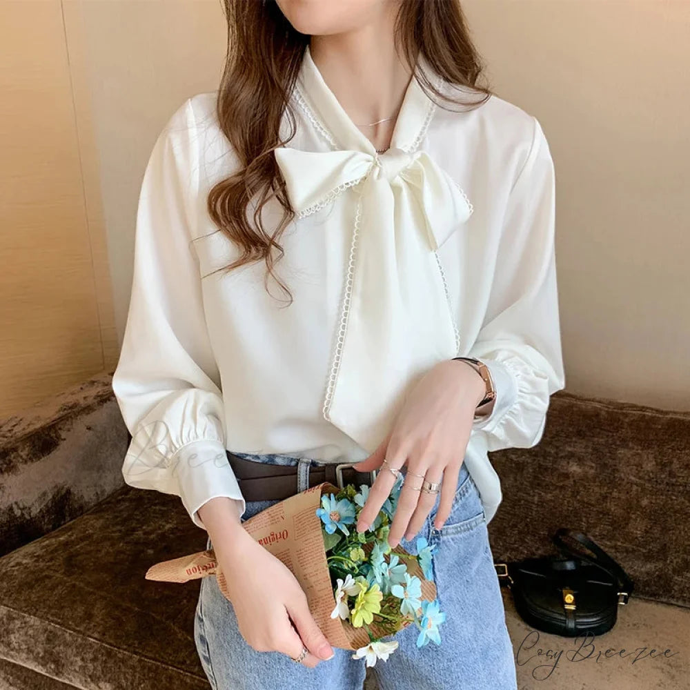 Chiffon Bow Long Sleeve Office Crop Top blouse-250126