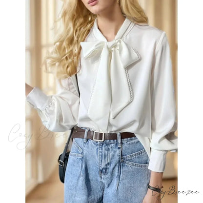 Chiffon Bow Long Sleeve Office Crop Top blouse-250126