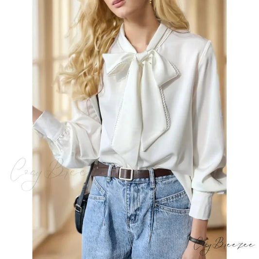 Chiffon Bow Long Sleeve Office Crop Top blouse-250126