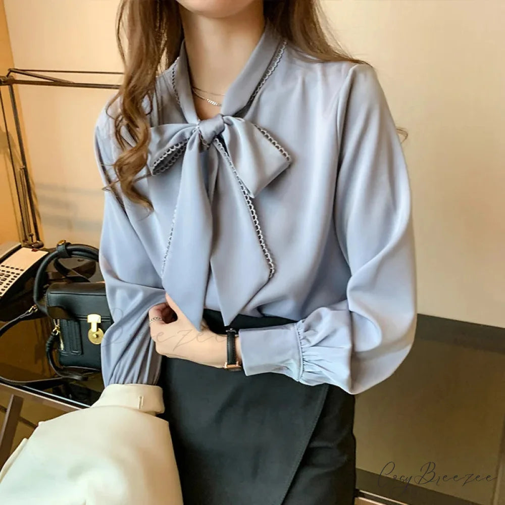 Chiffon Bow Long Sleeve Office Crop Top blouse-250126