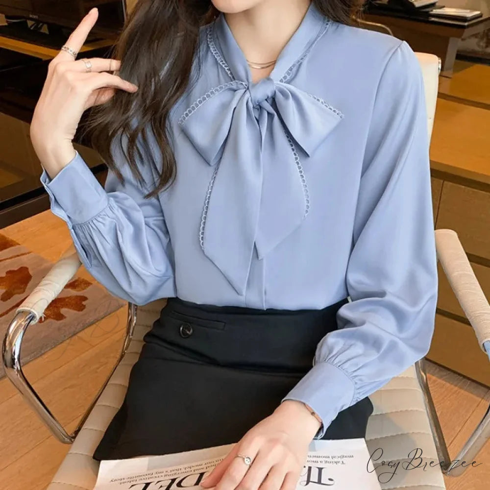 Chiffon Bow Long Sleeve Office Crop Top Blue / S blouse-250126