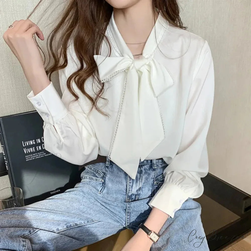 Chiffon Bow Long Sleeve Office Crop Top WHITE / S blouse-250126