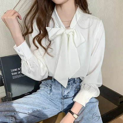 Chiffon Bow Long Sleeve Office Crop Top WHITE / S blouse-250126