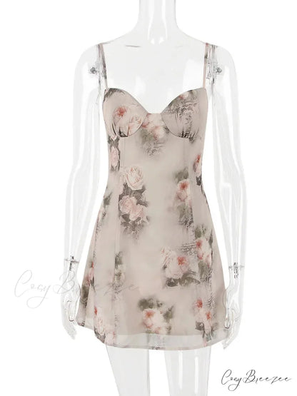 Chiffon Floral Print Spaghetti Strap Backless Boho Dress