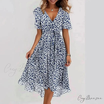 Chiffon Floral Print V-neck Dress Blue and white floral / S oldfloraldress-250126