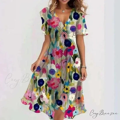 Chiffon Floral Print V-neck Dress Color / S oldfloraldress-250126