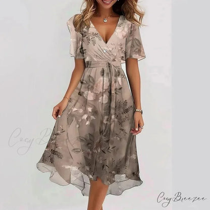 Chiffon Floral Print V-neck Dress Rose Gold / S oldfloraldress-250126