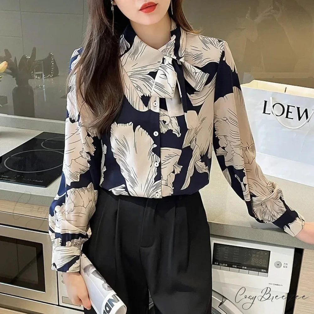 Chiffon Flower Button Up Long Sleeve Crop Top blouse-250126