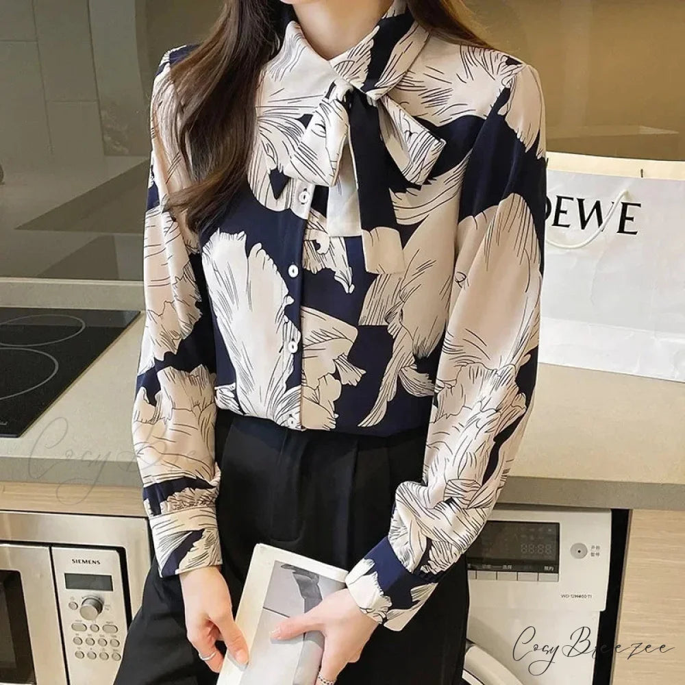 Chiffon Flower Button Up Long Sleeve Crop Top blouse-250126