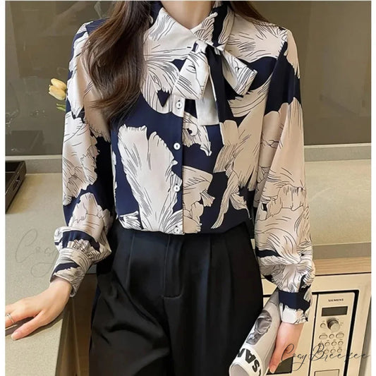 Chiffon Flower Button Up Long Sleeve Crop Top Blue / S blouse-250126