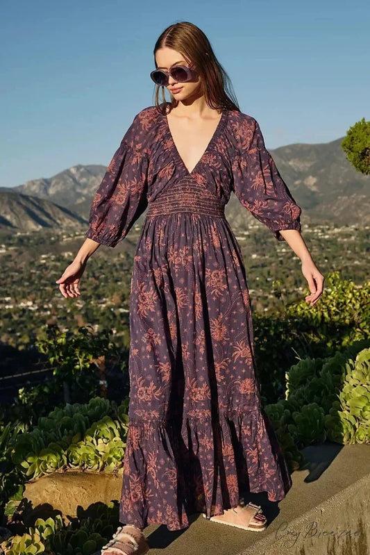 Chiffon Long Sleeve Holiday Floral Boho Dress Navy blue / S bohodress-250126