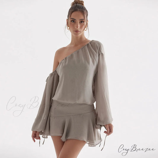 Chiffon Ruched Bishop Sleeve Modern Pointed Collar Shirt - White S / Gray