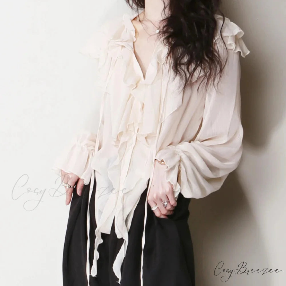 Chiffon Ruffles Bow Tie Long Sleeve Boho Blouse bohoblouse-250126