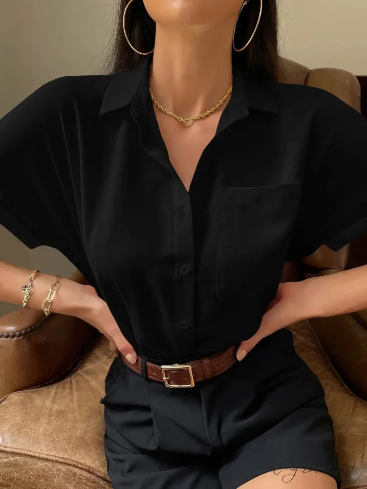 Chiffon Short-Sleeve Relaxed Shirt black / XS blouse-250223