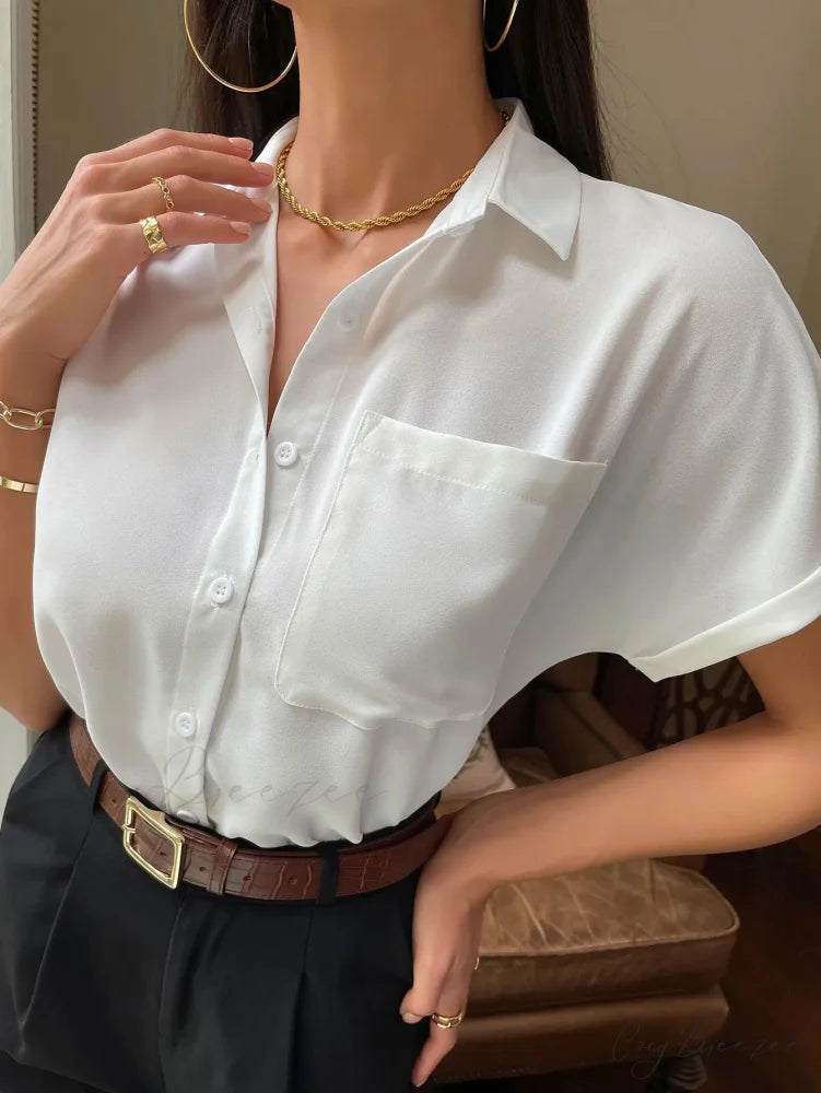Chiffon Short-Sleeve Relaxed Shirt blouse-250223