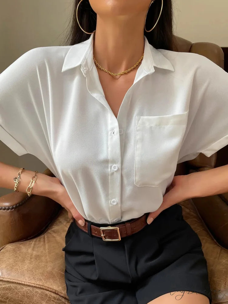Chiffon Short-Sleeve Relaxed Shirt blouse-250223