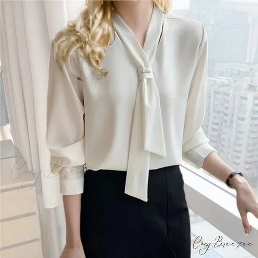 Chiffon V-neck Tie Loose Long Sleeve White Blouse blouse-250126
