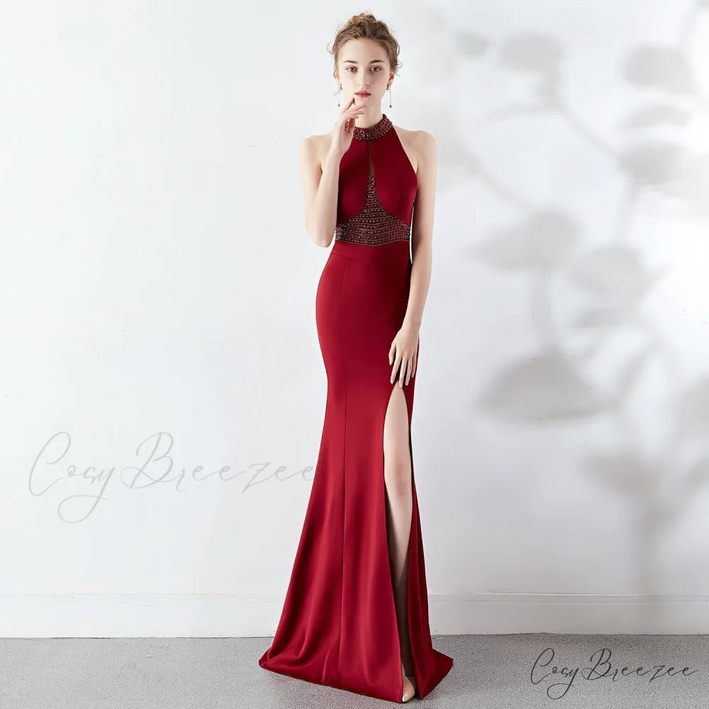 Chloe Formal Hot Charming Stone Collar Stunning Dress BURGUNDY / XS