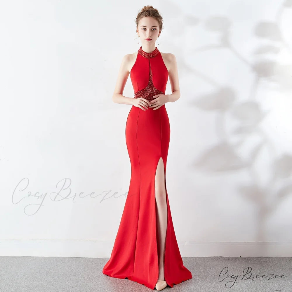 Chloe Formal Hot Charming Stone Collar Stunning Dress RED / XS