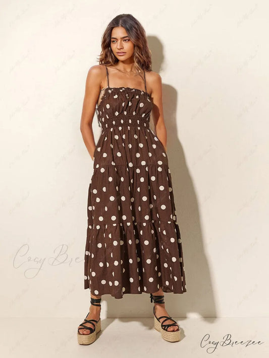 Chocolate And Ivory Polka Dot Trendy Print Pleated Elastic Strap Dress Brown / S