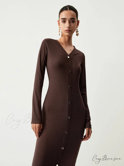 Chocolate Button Down Trendy Long Sleeve Midi Dress