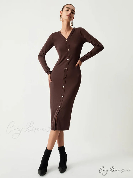 Chocolate Button Down Trendy Long Sleeve Midi Dress Brown / S