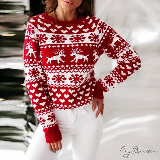 Christmas Cozy Cute Santa Head Print Comfortable Oversized Stylish Sweater Red / S