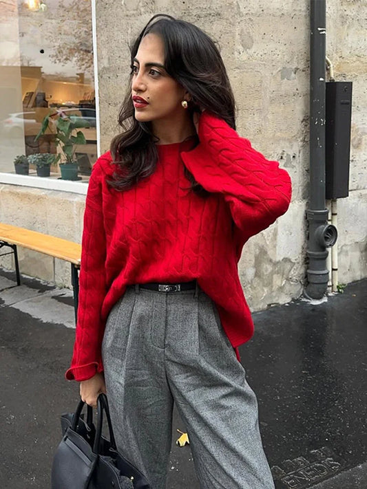 Christmas Sweater Lazy Twist O-Neck Long Sleeve Side Split Knitted Red / S