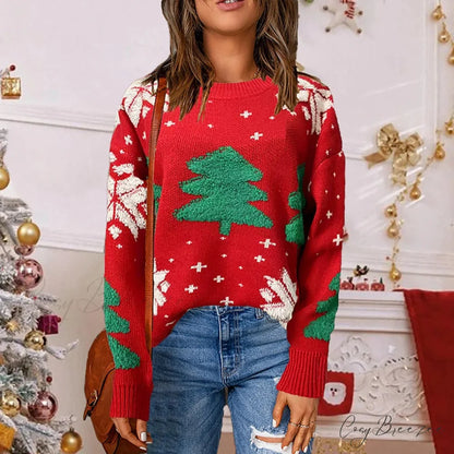Christmas Vintage Korean Cozy Loose Fashionable Round Neck Comfortable Sweater Red / S