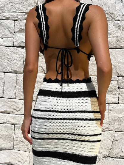 CHRONSTYLE Knitted Skirts Striped Cropped Tank + Slim Skirts twopiecesset-250126