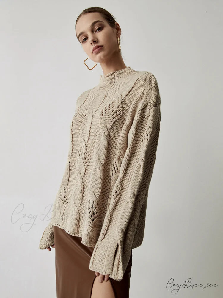 Chunky Cable Knit Trendy Mock Neck Sweater
