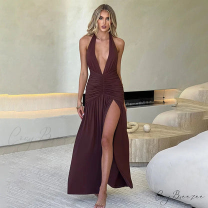 CLARA Elegant MAXI DRESS Coffee / L