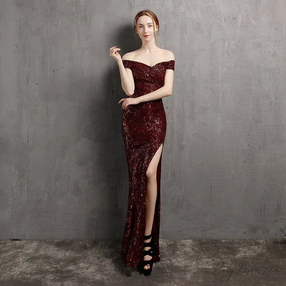 Clara Glitter Off the Graceful Shoulder Split Dress For Prom BURGUNDY / XS