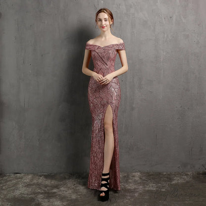 Clara Glitter Off the Graceful Shoulder Split Dress For Prom PINK / XS