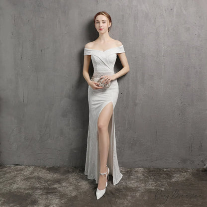 Clara Glitter Off the Graceful Shoulder Split Dress For Prom WHITE / S
