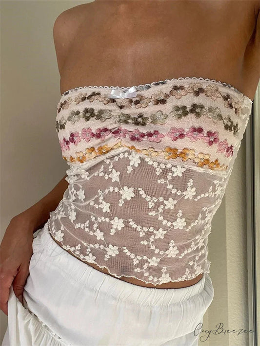 Classic Embroidery Flower Strapless Tube Crop Top WHITE / S croptop-250126
