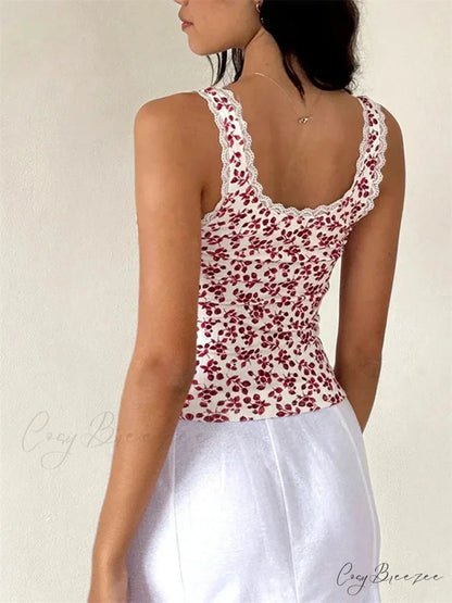 Classic Floral Lace Trim Sleeveless Crop Top croptop-250126