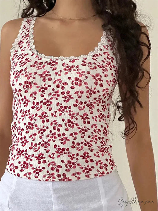 Classic Floral Lace Trim Sleeveless Crop Top PINK / S croptop-250126