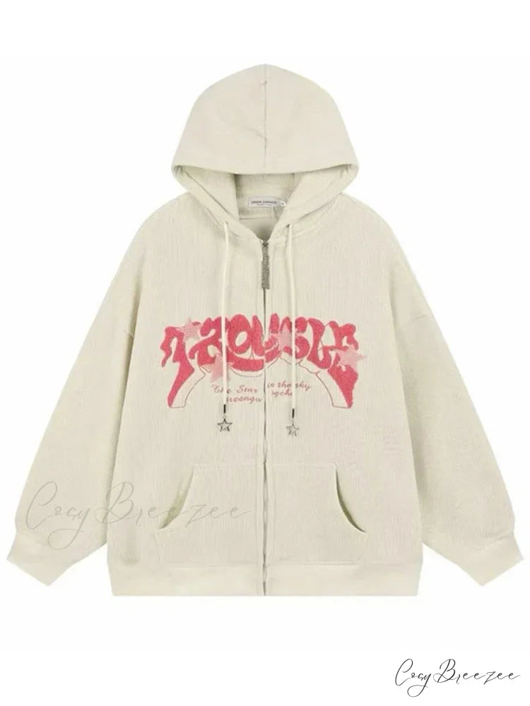 Classic Goth Corduroy Zip-Up Hoodie Beige / M(40-50KG) hoodies-241228