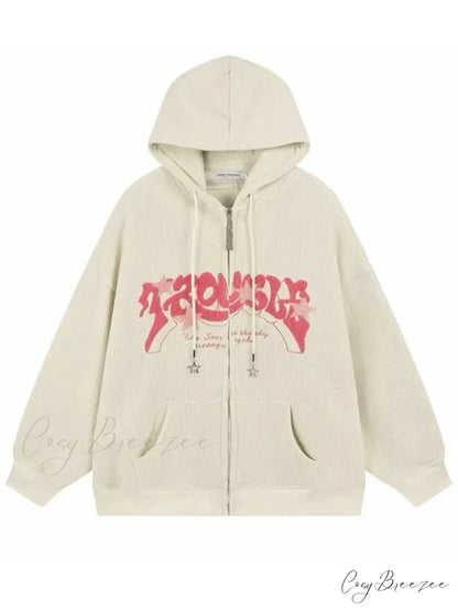 Classic Goth Corduroy Zip-Up Hoodie Beige / M(40-50KG) hoodies-241228