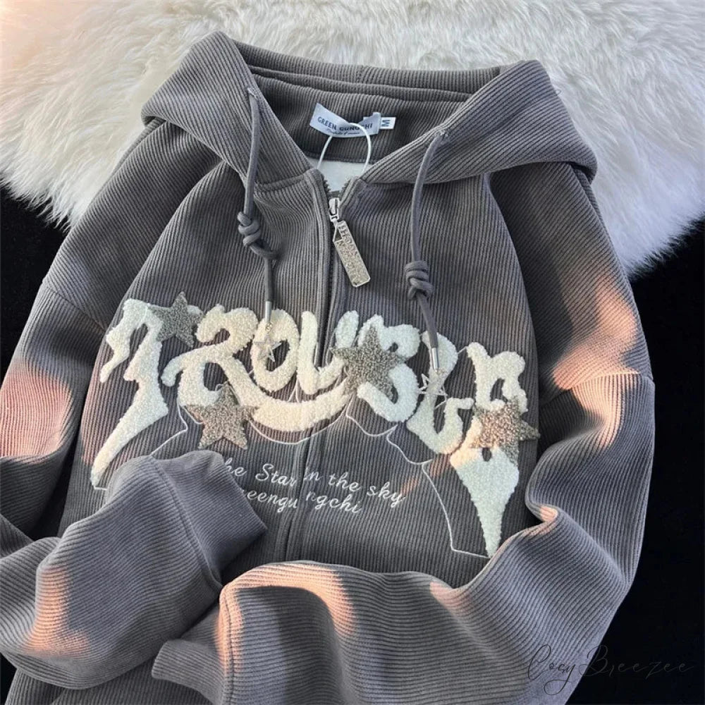 Classic Goth Corduroy Zip-Up Hoodie GRAY / M(40-50KG) hoodies-241228
